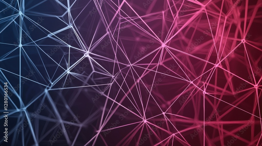 Poster A digital abstract design featuring interconnected lines and nodes in shades of blue and red against a dark background.