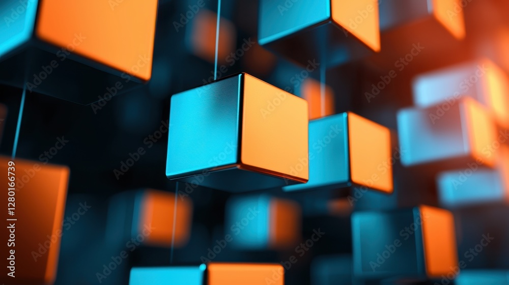 Poster A vibrant abstract composition of floating cubes in blue and orange hues, creating a dynamic and modern visual effect.