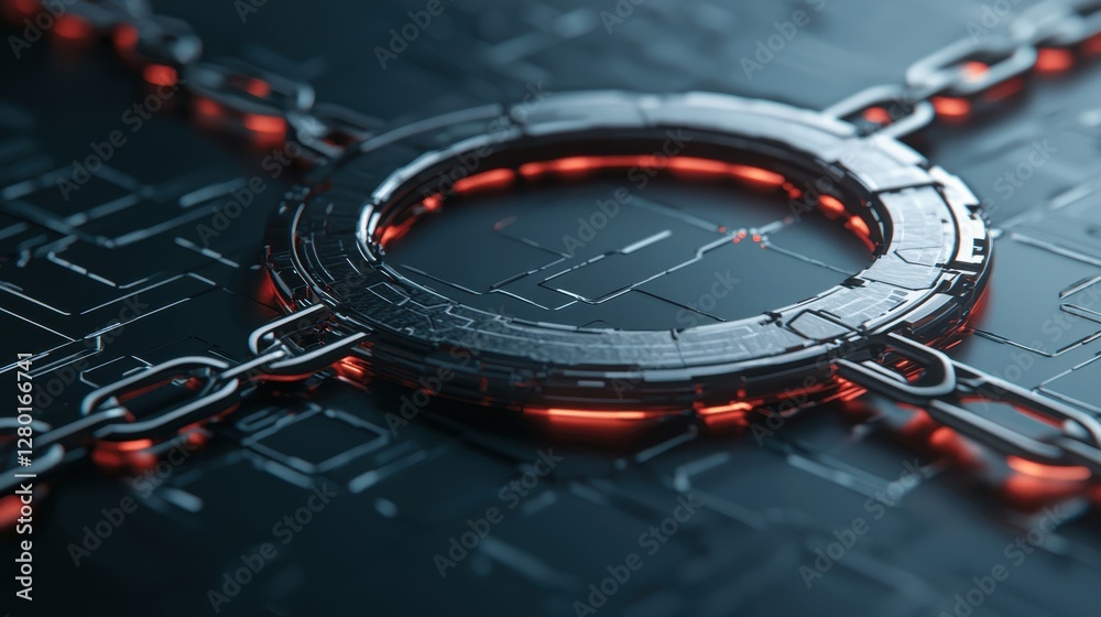 Poster a futuristic, circular metallic object with glowing red accents and interconnected chains, set again