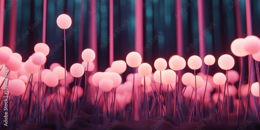 Poster a vibrant, surreal landscape filled with glowing orbs amidst a forest backdrop, creating a dreamlike