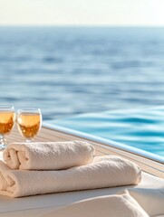 Luxurious yacht lifestyle with towels and drinks by the sea
