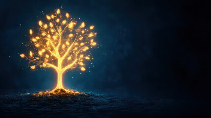 glowing digital tree with neon leaves against dark background