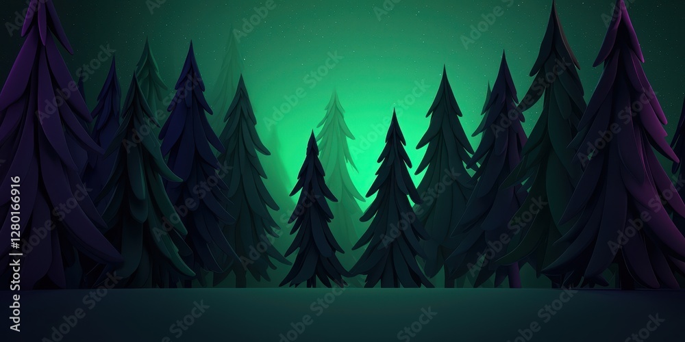 Poster a stylized forest scene featuring tall, dark trees set against a glowing green background, creating 