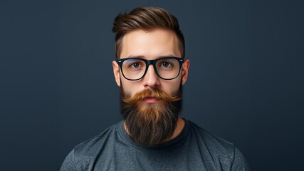 Fototapeta premium Modern stylish man with a trendy beard and glasses, smiling in a blue portrait with a fashionable t-shirt on a contemporary background, lifestyle, style