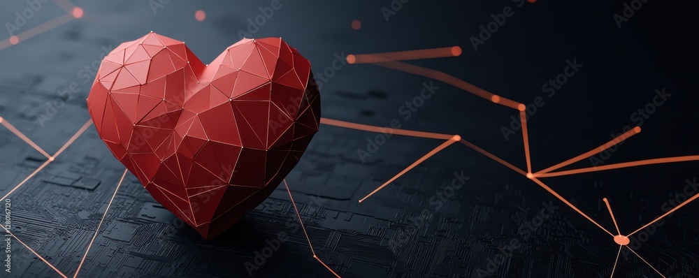 Aufkleber a geometric, red heart rests on a dark surface, surrounded by abstract lines, symbolizing love and c