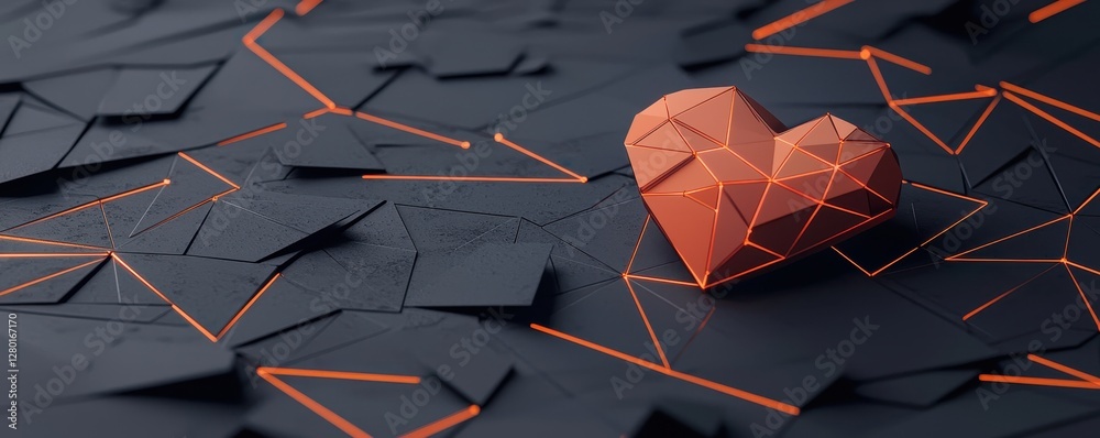 Poster a vibrant orange heart stands out against a dark, textured background of geometric shapes and patter