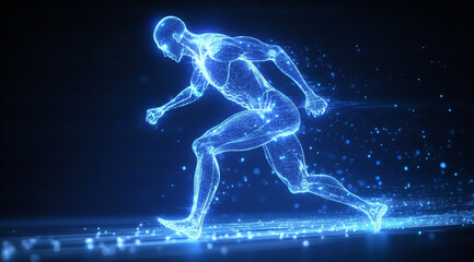 A human body anatomy, a running athlete in a blue neon light background with copy space for text.