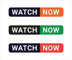 Watch Now buttons collection with cursor pointer in three styles. Flat design and gradient with shadow. Set of digital web button on a transparent background