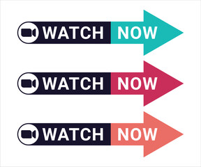 Watch Now buttons collection with cursor pointer in three styles. Flat design and gradient with shadow. Set of digital web button on a transparent background