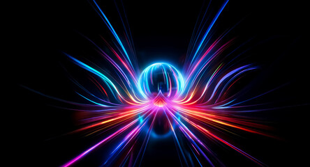 Abstract composition featuring a radiant sphere emitting vibrant blue, cyan, and red light streaks against a stark black backdrop, creating a dynamic and futuristic visual effect.