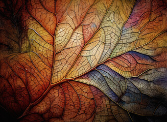 Fototapeta premium Detailed leaf close-up with intricate vein patterns and warm autumnal colors. The background is blurred, emphasizing the leaf's texture and natural beauty.