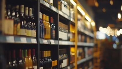 Wine bottles on shelves in a liquor store at night