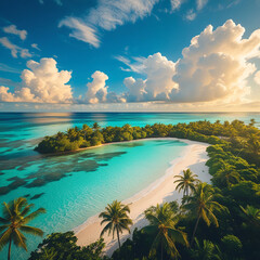 Breathtaking Aerial View of a Tropical Island Paradise with Turquoise Waters and White Sand Beach