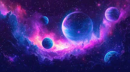 Colorful space nebula with planets