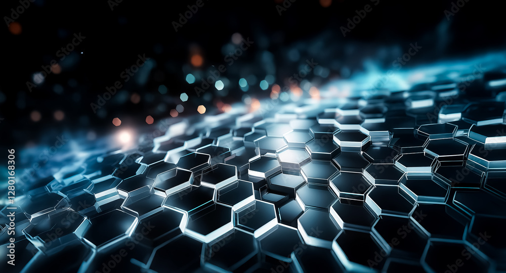 Poster abstract geometric background with a dark hexagonal grid pattern glowing with blue light, creating a