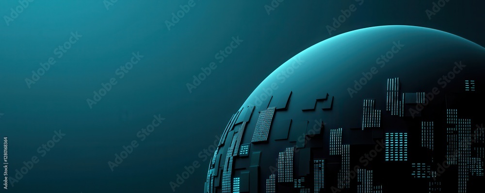 Aufkleber a dark, stylized globe displaying a digital cityscape with glowing patterns against a teal backgroun