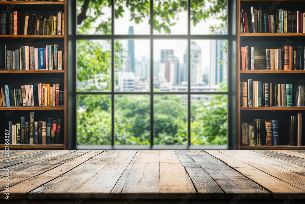 Poster wooden table in a library with a city view