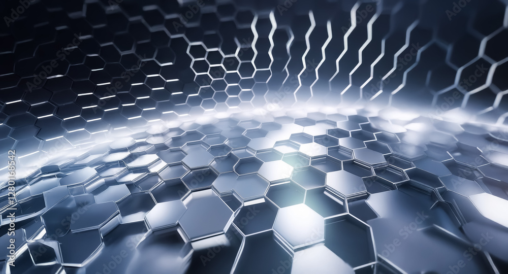 Poster futuristic metallic surface with a curved hexagonal grid pattern. bright light source illuminates th