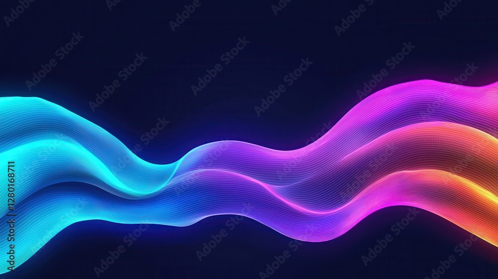 Poster a vibrant, abstract wave of blue and pink light flows gracefully against a dark background, creating