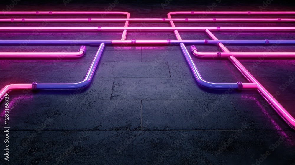 Aufkleber a vibrant arrangement of illuminated neon pipes creates a striking visual pattern on a dark surface,