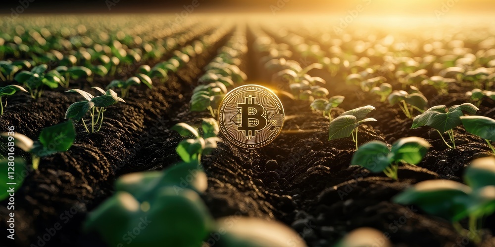 Poster a golden bitcoin symbol amidst green seedlings in a field, illustrating the intersection of agricult