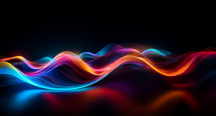 Vibrant neon waves of blue, red, orange, and yellow lights flow dynamically on a dark background with reflections, creating a modern abstract design.