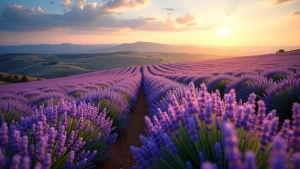 Fototapeta premium A breathtaking view of vibrant lavender fields glowing under a golden sunset, surrounded by hills.