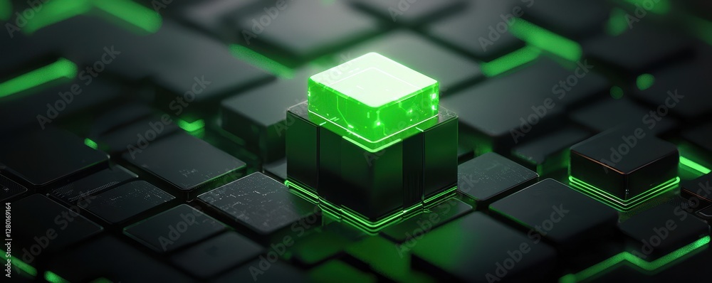 Poster A glowing green cube is centered on a dark, textured surface, creating a futuristic and tech-inspired ambiance.