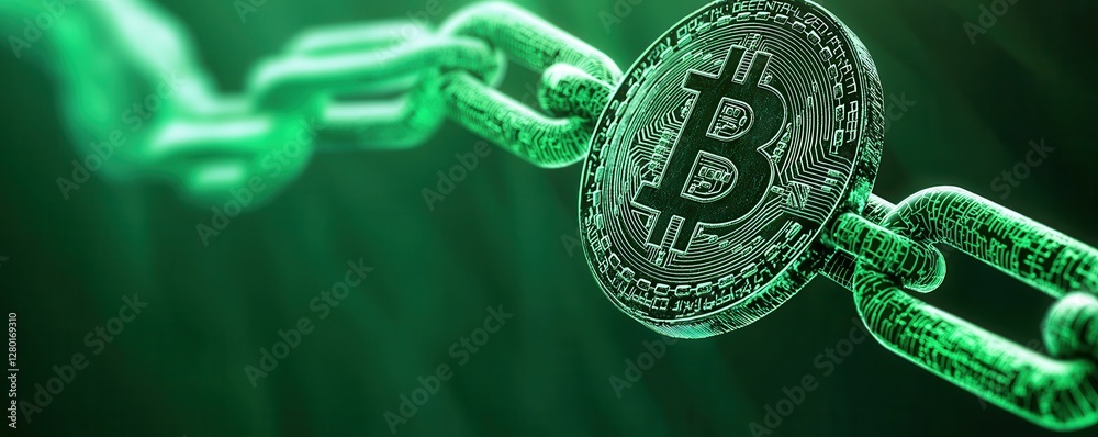 Poster A green-themed image featuring a Bitcoin coin linked to a chain, representing cryptocurrency and blockchain technology.
