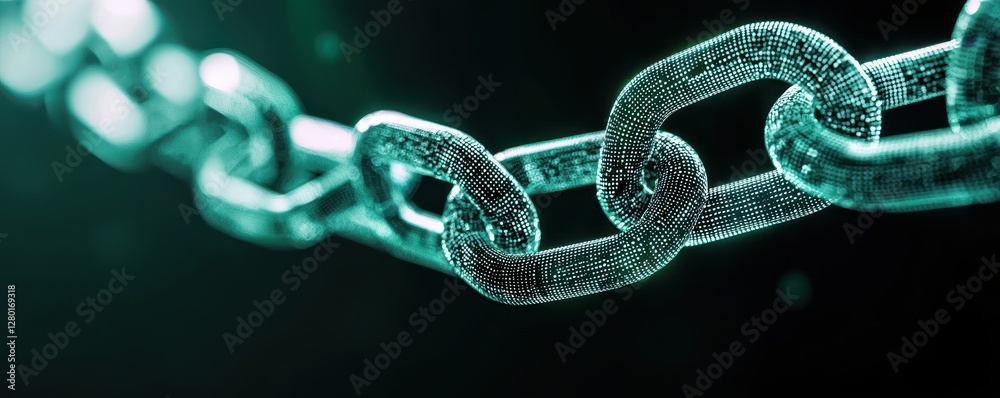 Poster a close-up view of a metallic chain, showcasing its intricate links with a glowing, textured appeara