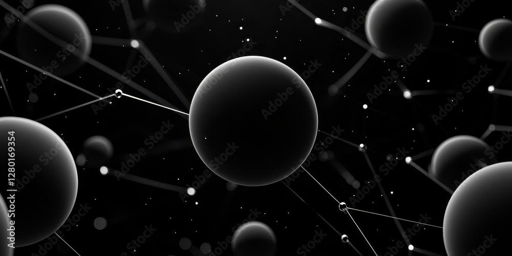 Poster A dark, abstract representation of interconnected spheres, symbolizing molecular structures or particles in a scientific context.