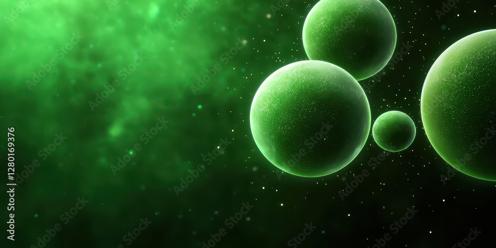 Poster A vibrant green background with floating spheres, suggesting a microscopic world or cellular structures in a dreamy, ethereal atmosphere.