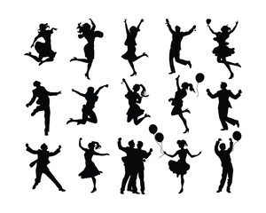 Jumping and Cheering People with  Balloons Silhouettes