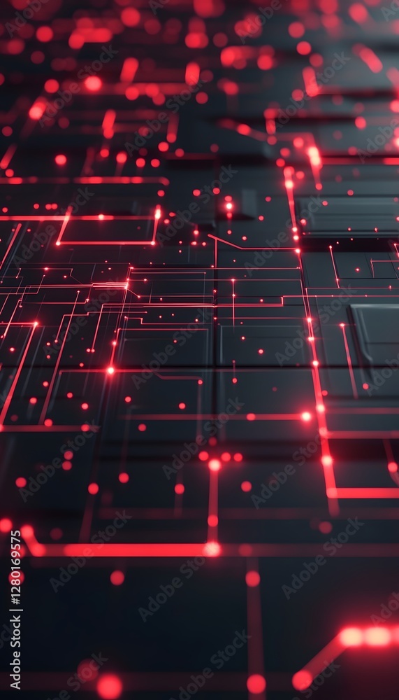 Wall mural red illuminated circuitry illuminated above a dark textured surface