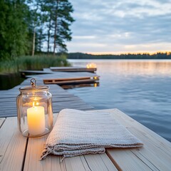 A lit candle in a glass jar sits on a wooden dock beside a folded beige throw blanket. The background features a tranquil lake at sunset with floating docks and a fire visible in the distance.  Soft