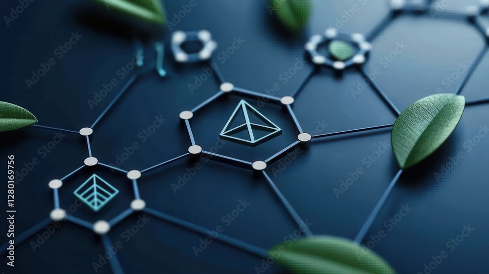 Poster A close-up view of interconnected hexagons and green leaves, symbolizing innovation in technology and nature's integration.