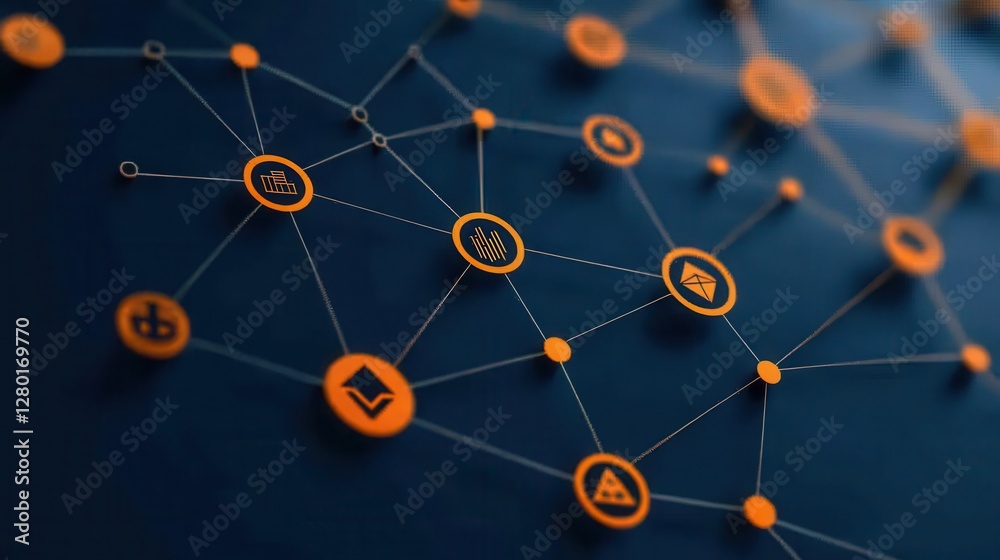 Poster A network of interconnected nodes with vibrant icons, representing technology, data, and communication in a digital environment.