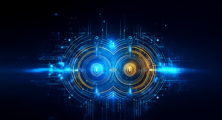 Abstract digital art featuring interconnected glowing blue and gold circles, radiating light with lines and dots against a dark backdrop.  Suggestive of futuristic technology and data flow.
