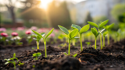Young green seedlings in soil with sunlight.