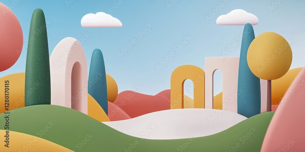Aufkleber a whimsical, colorful landscape featuring abstract shapes, trees, and clouds, creating a serene and 