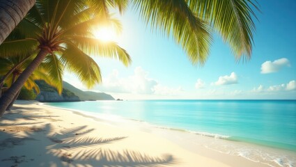  A stunning tropical beach with swaying palm trees, clear turquoise waters, and golden sand.