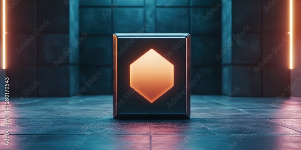 Poster A futuristic cube with a glowing hexagonal shape, set against a dark, illuminated background, suggesting a sci-fi or technological theme.
