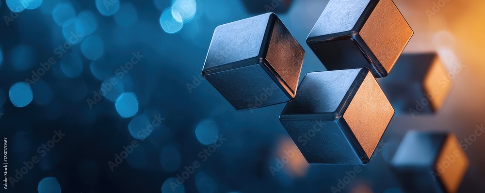 Poster A close-up view of 3D geometric shapes against an abstract blue and orange bokeh background, creating a modern and dynamic visual effect.
