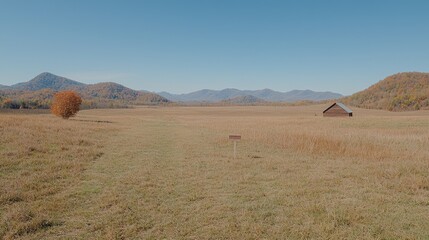 Autumnal mountain valley barn landscape, scenic vista, postcard