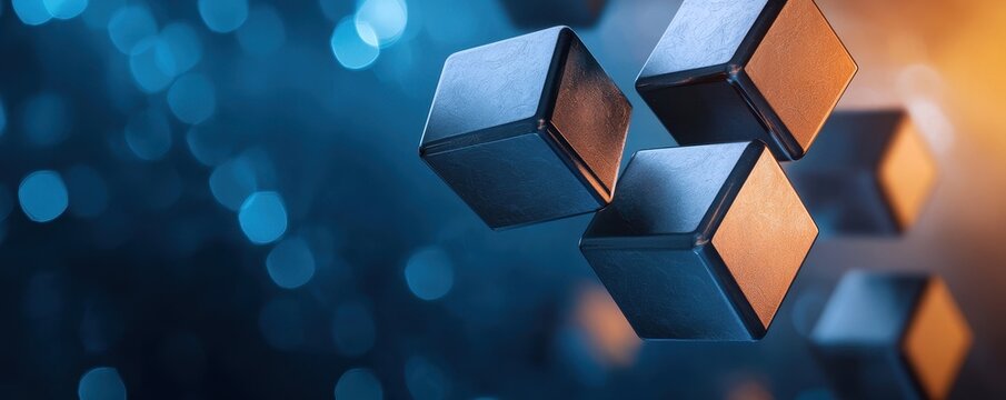 A close-up view of 3D geometric shapes against an abstract blue and orange bokeh background, creating a modern and dynamic visual effect.