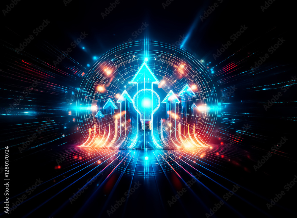 Aufkleber futuristic glowing light bulb surrounded by vibrant circles and lines against a dark backdrop. it ev