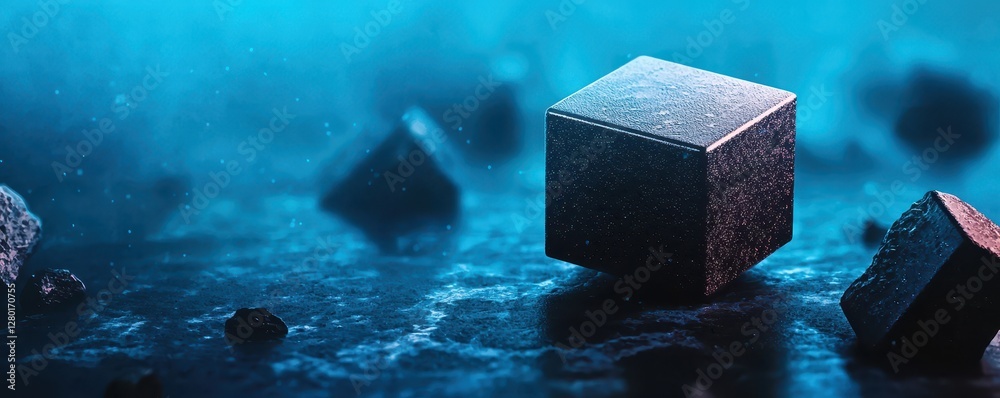 Poster a visually striking underwater scene featuring glowing geometric shapes, creating a mysterious and c