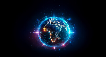 Obraz premium A digital globe with glowing blue and orange continents is surrounded by a network of bright connections and illuminated orbits against a dark backdrop, suggesting global technology and communication.