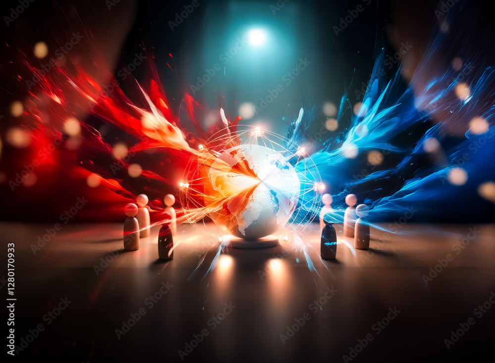 Leinwandbilder a glowing globe is encircled by light trails and wooden figures placed on a table, with a blurred bo