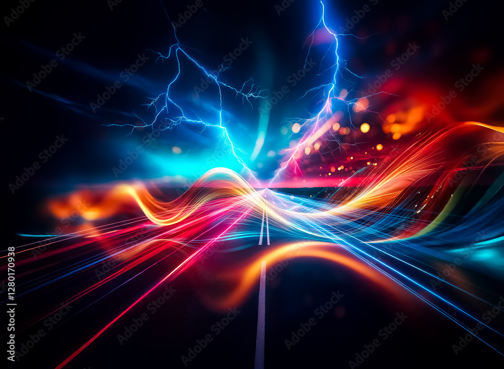 Fototapete abstract image featuring vibrant, flowing lines of orange and blue light against a dark backdrop. th